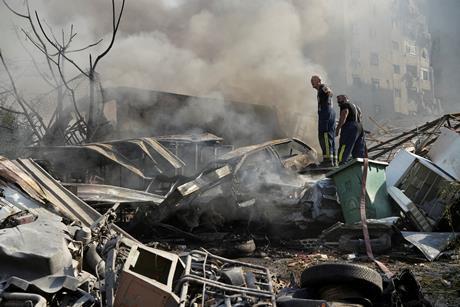 Civil defence members work at a site damaged in the aftermath of Israeli strikes on Beirut's southern suburbs, amid the ongoing hostilities between Hezbollah and Israeli forces, Lebanon, November 1, 2024.