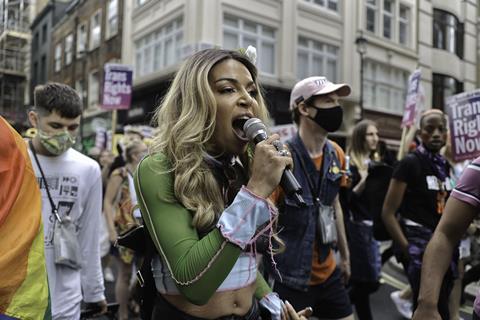 A trans-woman seen chanting slogans during an LGBT+ demonstration in London. (Photo by Hesther Ng / SOPA Images/Sipa USA)