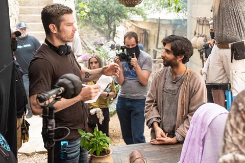 S3 BTS still - Director Dallas Jenkins and Judas Iscariot discuss a scene