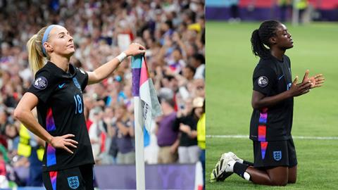 England's Chloe Kelly and Michelle Abyemang celebrate following their goals at Euro 2025